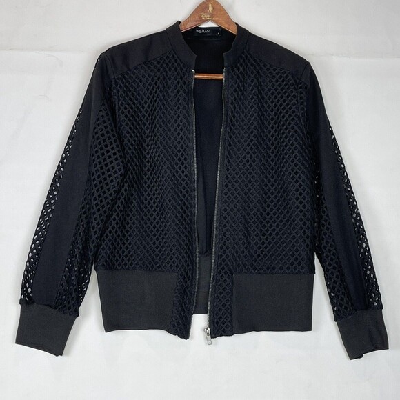Women’s Small Black Mesh Lined Bomber Jacket Full Zip Long Sleeve - Picture 2 of 11